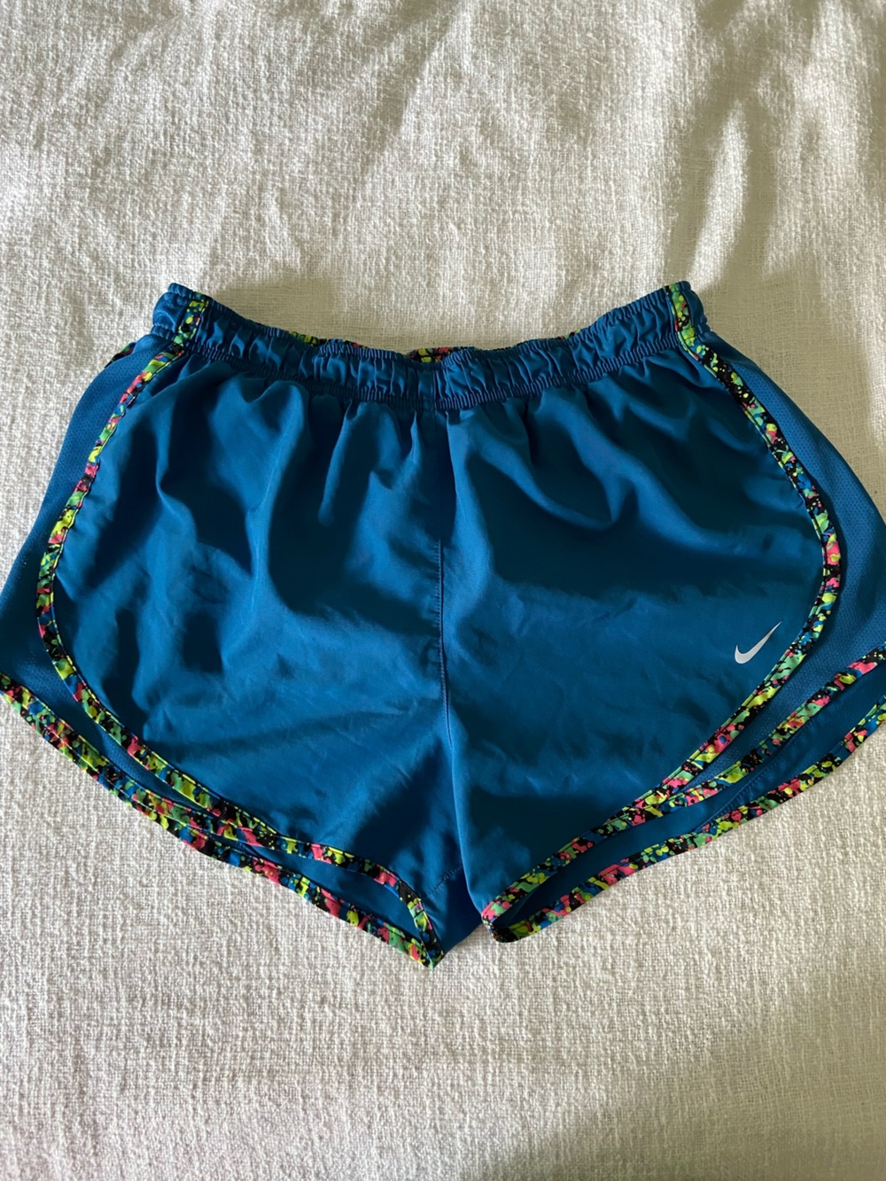 Nike Teal Blue Running Shorts with Multicolor Neon Party Trim Women’s Large